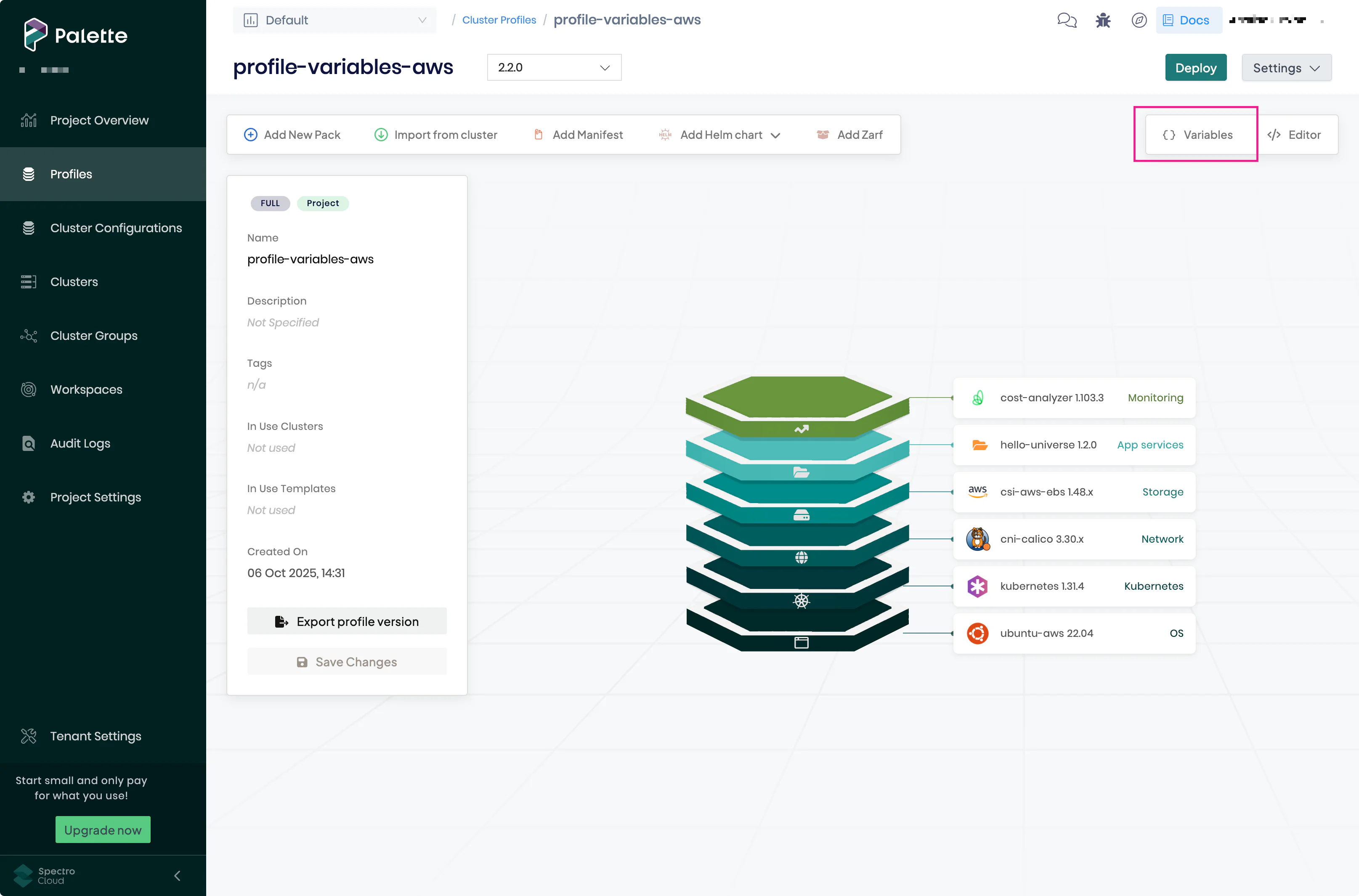 Palette with the Variables button highlighted.